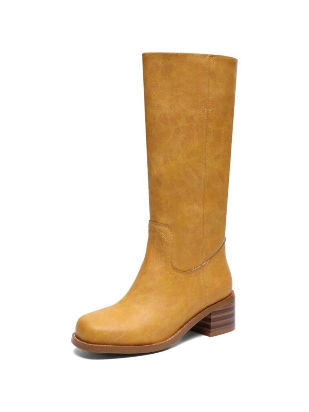 Women's Tan Knee High Boots Square Toe Chunky Block Heel Long Boots Comfortable